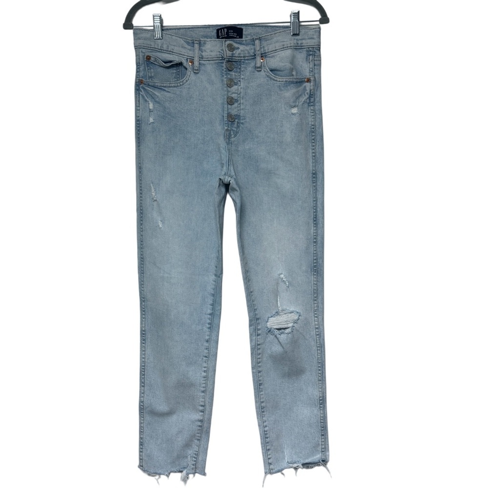{GAP} "High Rise Vintage Slim" Light Blue Wash Button Fly Distressed Denim Jeans